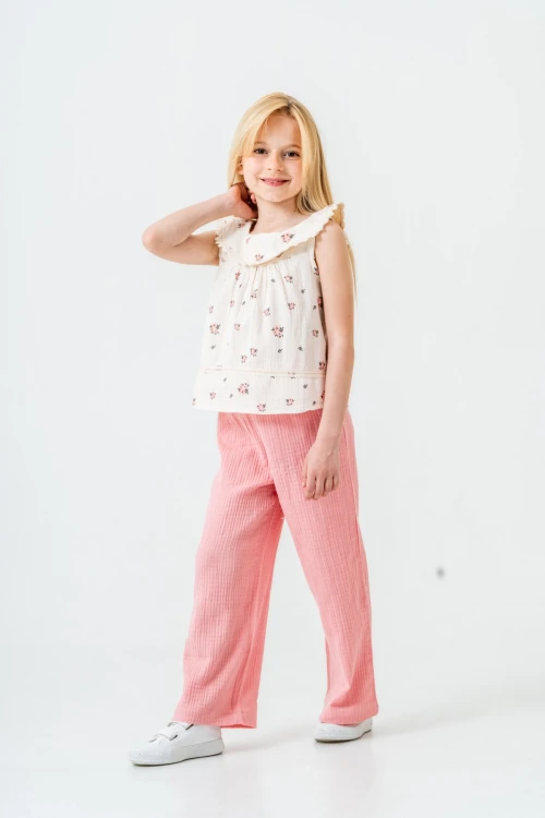 Çiçek Desenli Kız Çocuk Müslin Takım 3828