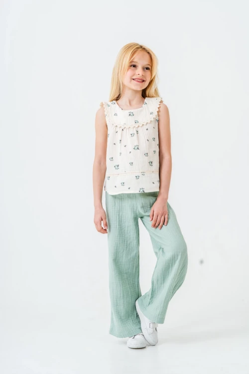 Çiçek Desenli Kız Çocuk Müslin Takım 3828