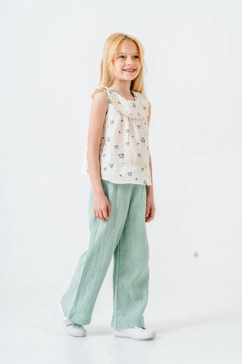 Çiçek Desenli Kız Çocuk Müslin Takım 3828