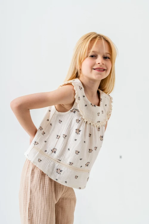 Çiçek Desenli Kız Çocuk Müslin Takım 3828