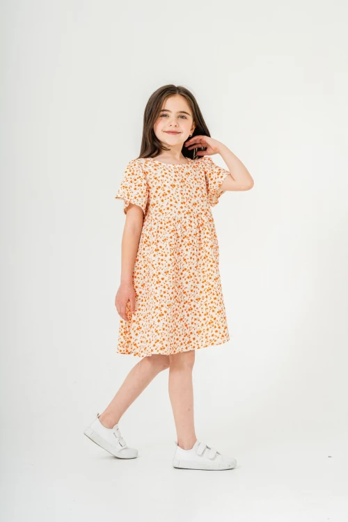 Çiçek Desnli Kız Çocuk Müslin Elbise 3802