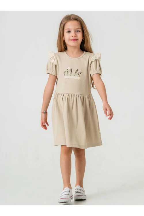 Çiçek Nakışlı Brode Detaylı Kız Çocuk  Elbise 50974