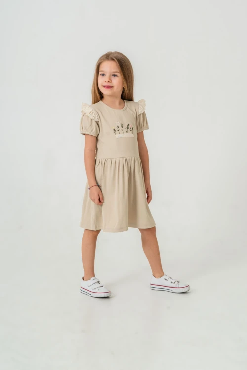 Çiçek Nakışlı Brode Detaylı Kız Çocuk  Elbise 50974