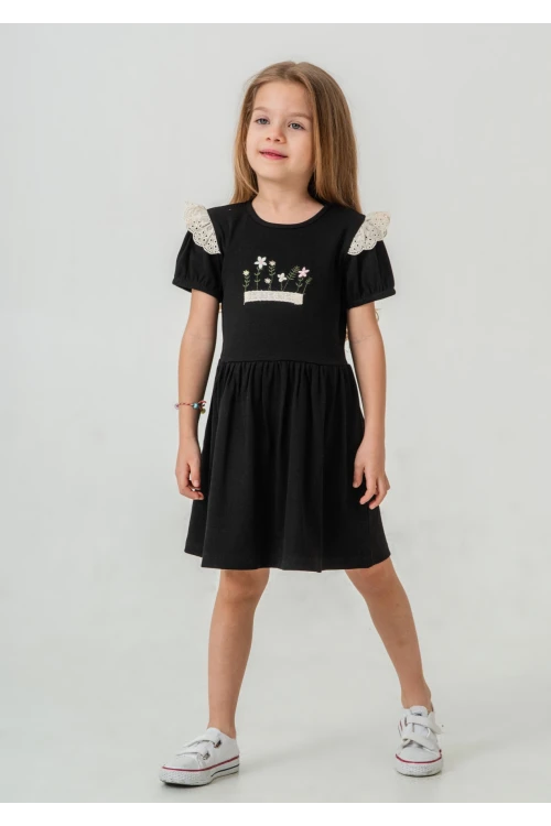 Çiçek Nakışlı Brode Detaylı Kız Çocuk  Elbise 50974