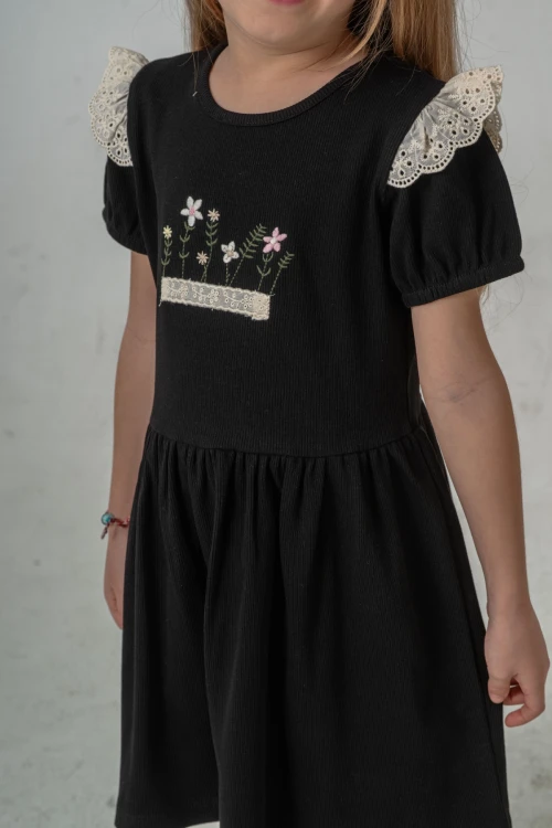 Çiçek Nakışlı Brode Detaylı Kız Çocuk  Elbise 50974