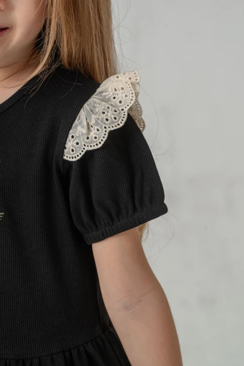 Çiçek Nakışlı Brode Detaylı Kız Çocuk  Elbise 50974