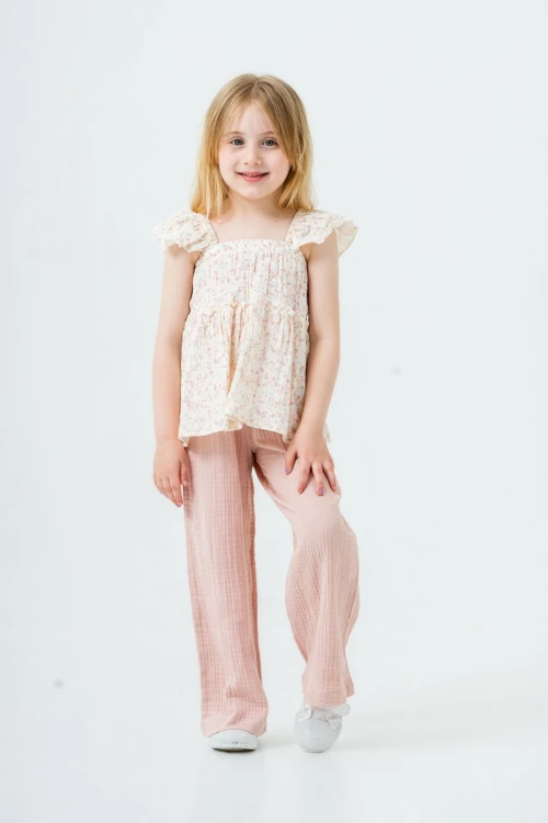 Çiçek Nakışlı Kız Çocuk Müslin Takım 3815