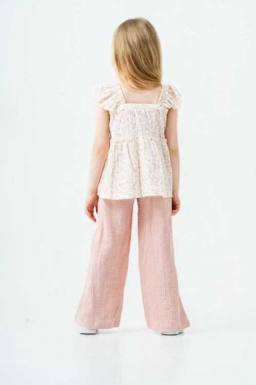 Çiçek Nakışlı Kız Çocuk Müslin Takım 3815