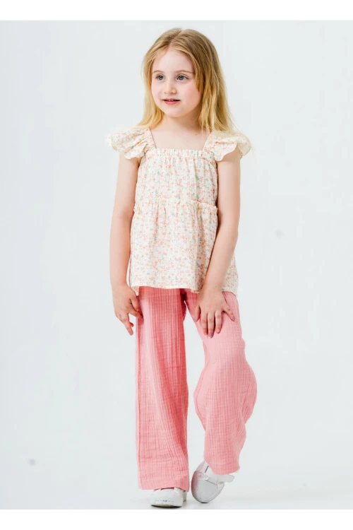 Çiçek Nakışlı Kız Çocuk Müslin Takım 3815