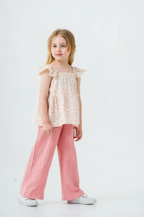 Çiçek Nakışlı Kız Çocuk Müslin Takım 3815