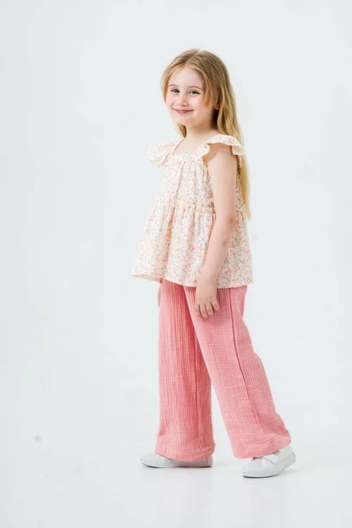 Çiçek Nakışlı Kız Çocuk Müslin Takım 3815