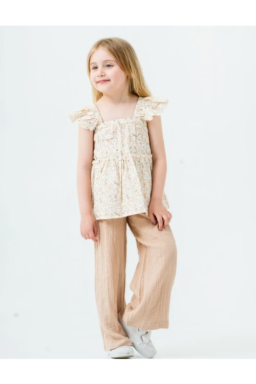 Çiçek Nakışlı Kız Çocuk Müslin Takım 3815