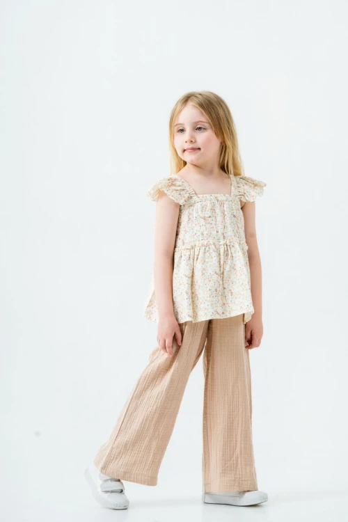 Çiçek Nakışlı Kız Çocuk Müslin Takım 3815