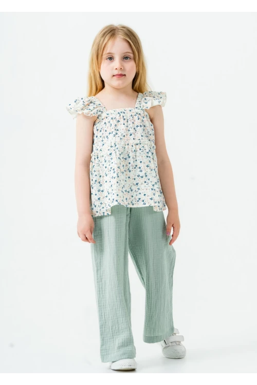 Çiçek Nakışlı Kız Çocuk Müslin Takım 3815