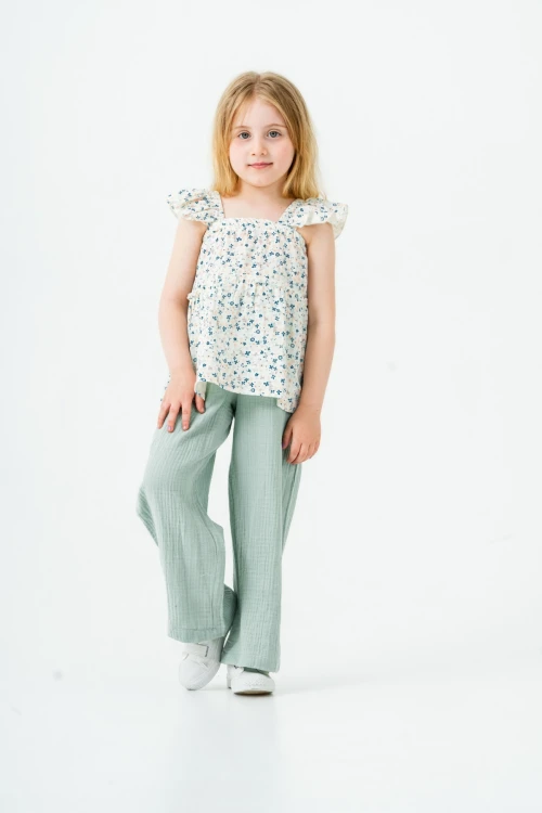 Çiçek Nakışlı Kız Çocuk Müslin Takım 3815