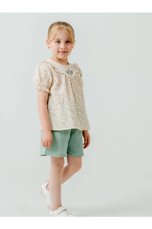 Çiçek Nakışlı Şortlu Kız Bebek Müslin Takım 3814
