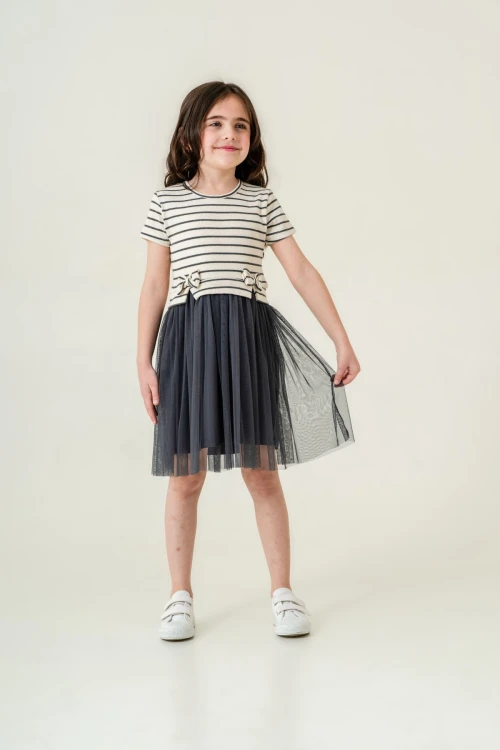 Çizgi Desenli Fırfırlı Kız Çocuk Elbise 006