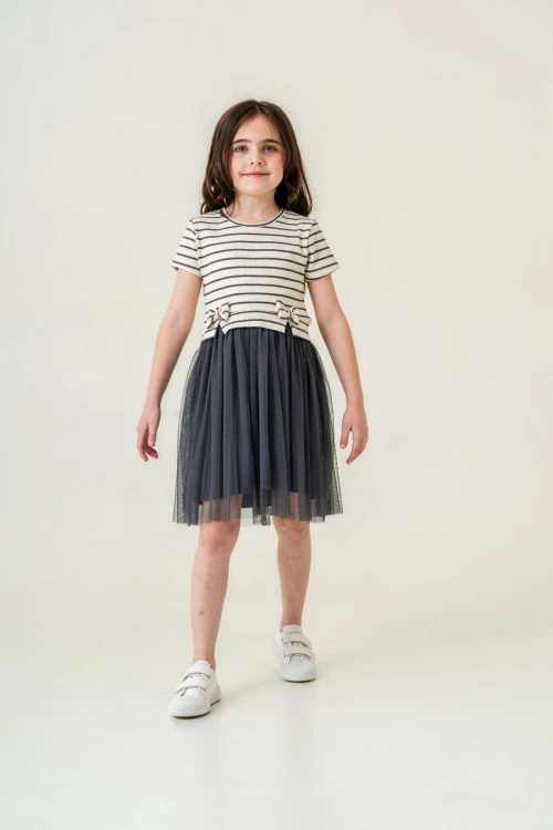 Çizgi Desenli Fırfırlı Kız Çocuk Elbise 006