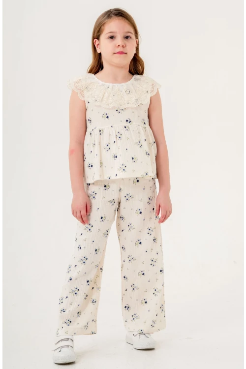 Dantel Yakalı Kız Çocuk Müslin Takım 3831
