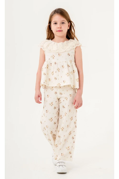 Dantel Yakalı Kız Çocuk Müslin Takım 3831