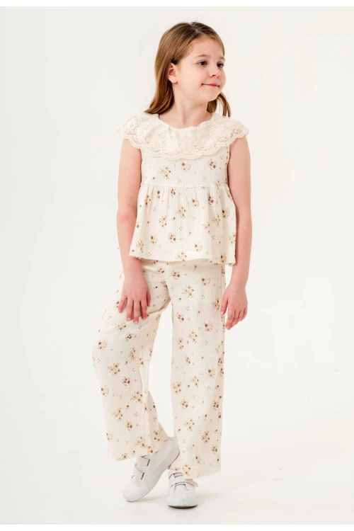 Dantel Yakalı Kız Çocuk Müslin Takım 3831