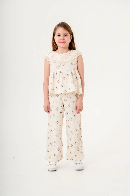 Dantel Yakalı Kız Çocuk Müslin Takım 3831