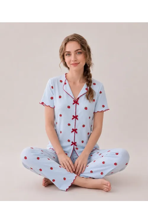 Desenli Kısa Kol Kadın Pijama Takımı 2200