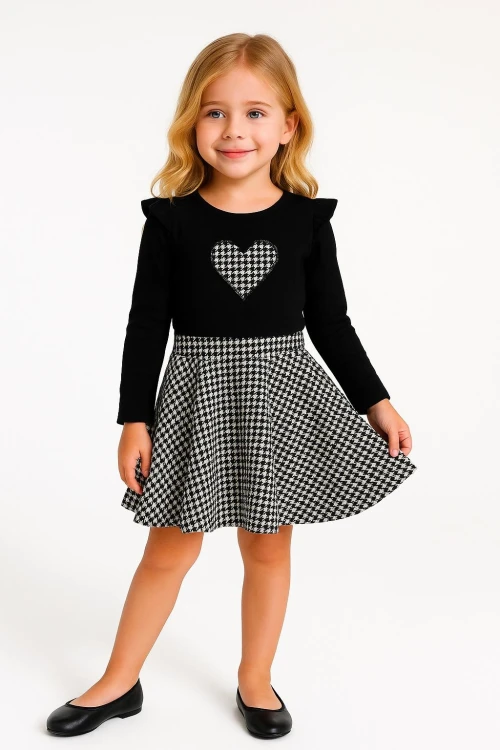 Ekoseli Kalp Nakışlı Etekli Kız Çocuk Takım 20455
