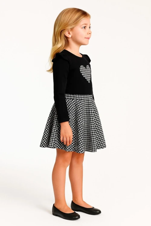 Ekoseli Kalp Nakışlı Etekli Kız Çocuk Takım 20455