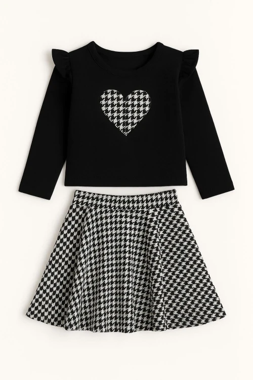 Ekoseli Kalp Nakışlı Etekli Kız Çocuk Takım 20455