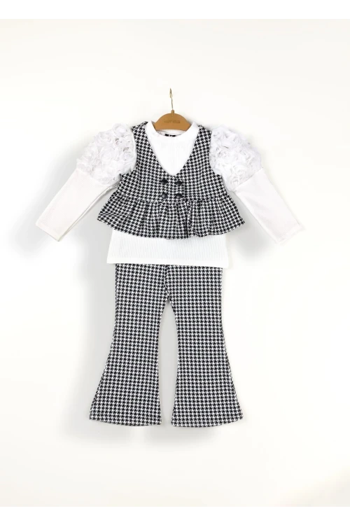 Ekoseli Omuzu Fırfırlı Kız Çozuk Takım 6184