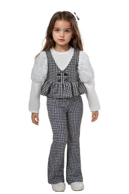 Ekoseli Omuzu Fırfırlı Kız Çozuk Takım 6184