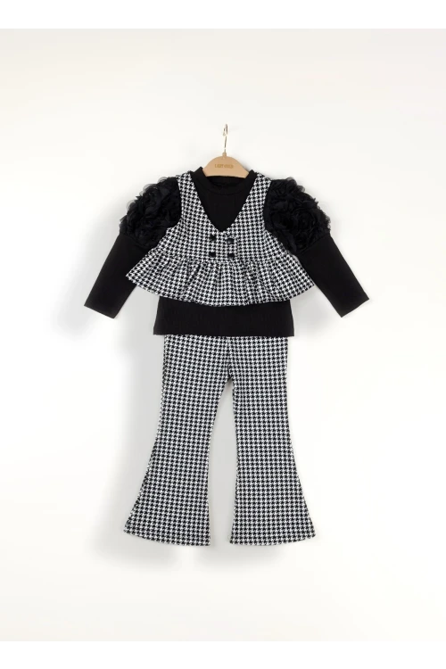 Ekoseli Omuzu Fırfırlı Kız Çozuk Takım 6184