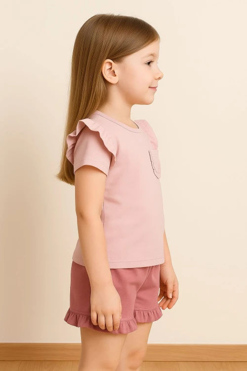 Fırfırlı Cepli Kız Çocuk Şortlu Takım 50657