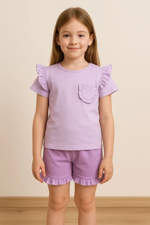 Fırfırlı Cepli Kız Çocuk Şortlu Takım 50657