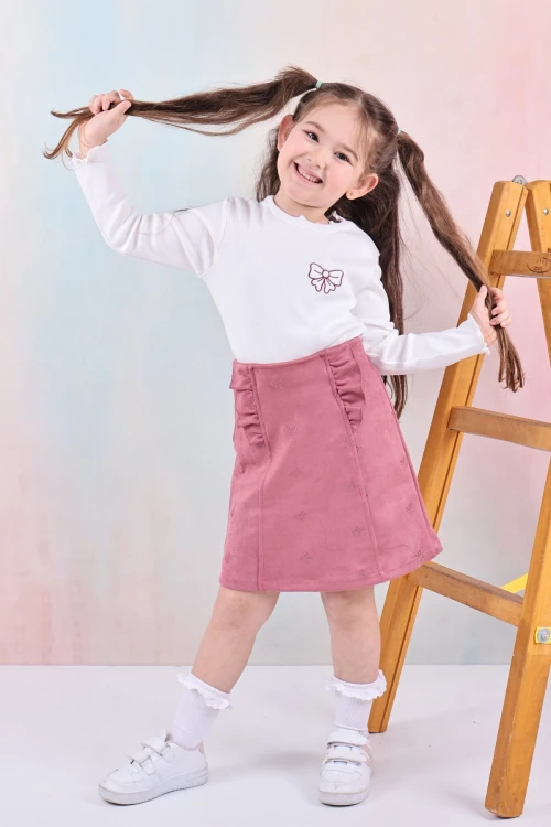 Fiyonk Nakışlı Kız Çocuk Etekli Takım 50652