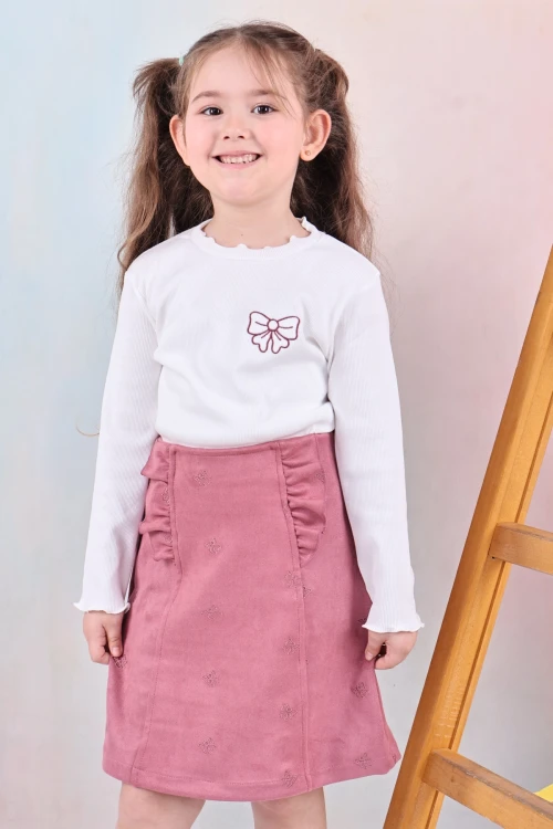 Fiyonk Nakışlı Kız Çocuk Etekli Takım 50652