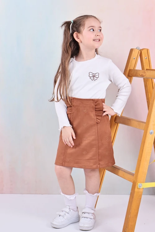 Fiyonk Nakışlı Kız Çocuk Etekli Takım 50652