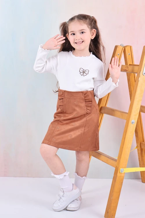 Fiyonk Nakışlı Kız Çocuk Etekli Takım 50652