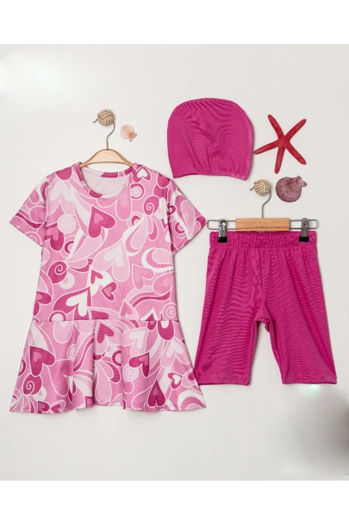 Kalp Desenli Kız Çocuk Mayo 3499