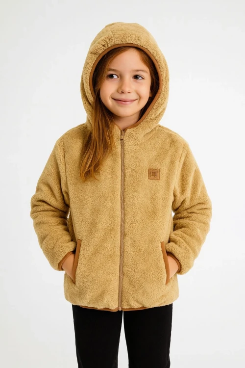 Kapşonlu Kışlık Peluş Kız Çocuk Mont 4247