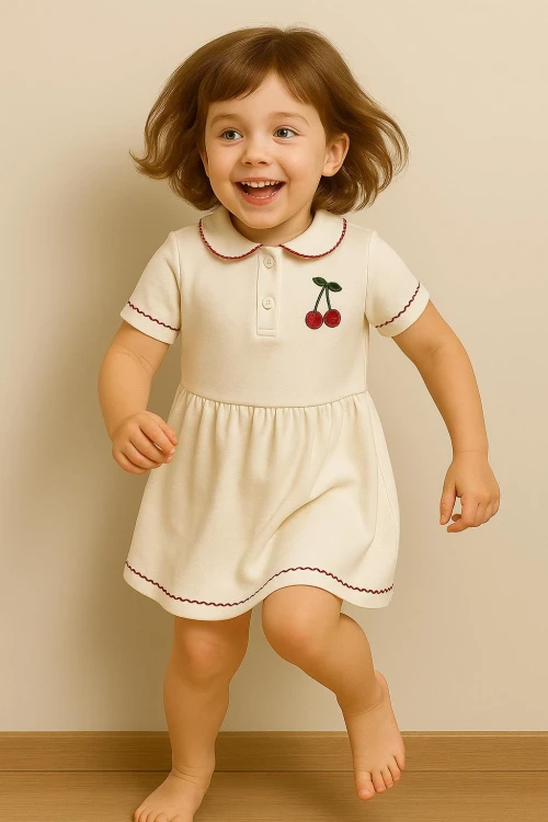Kiraz Nakışlı Bebe Yakalı Kız Çocuk Elbise 50975
