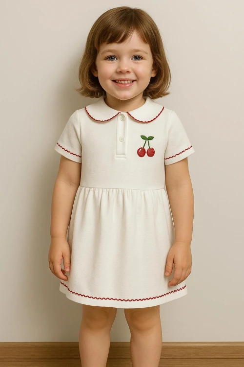 Kiraz Nakışlı Bebe Yakalı Kız Çocuk Elbise 50975