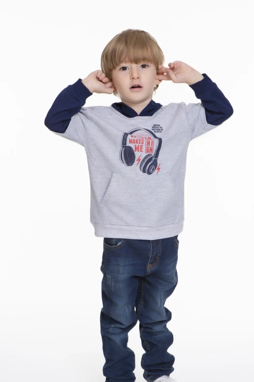 Kulaklık Baskılı Kapüşonlu Erkek Bebek Hoodie 54265