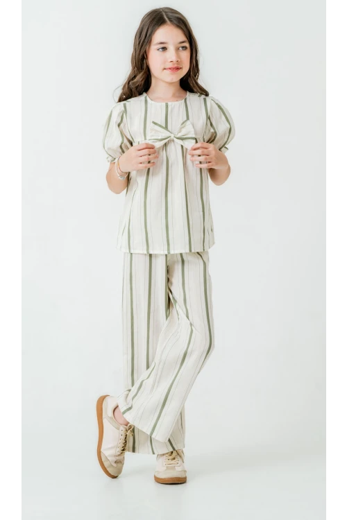 Kurdelalı Çizgili Kız Çocuk Takım 3837
