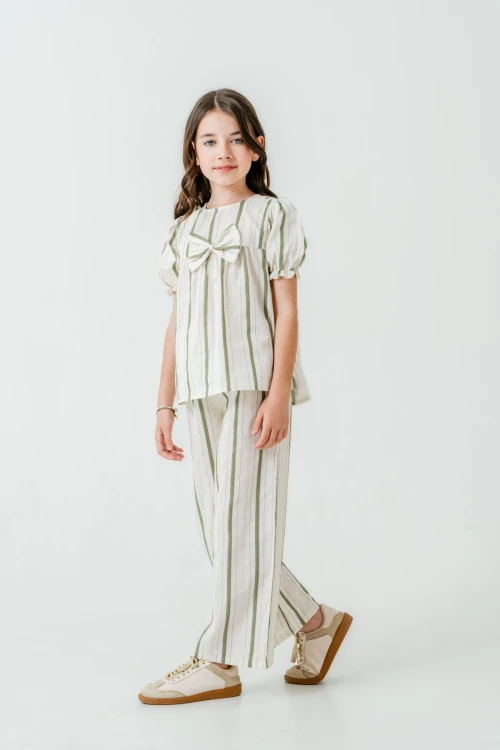 Kurdelalı Çizgili Kız Çocuk Takım 3837