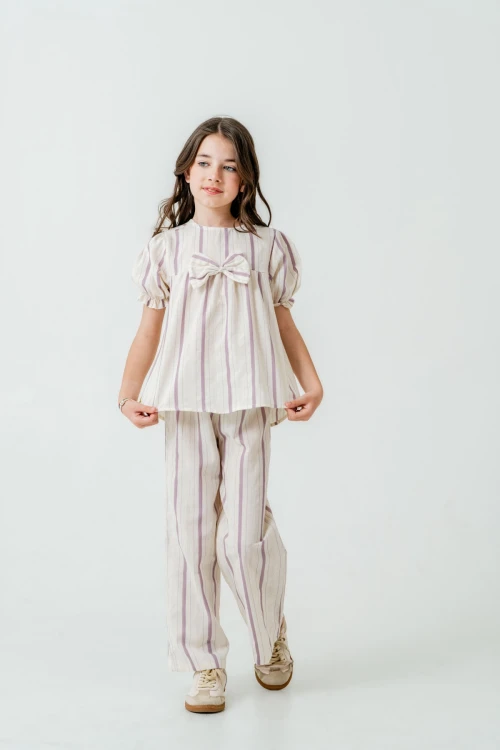 Kurdelalı Çizgili Kız Çocuk Takım 3837