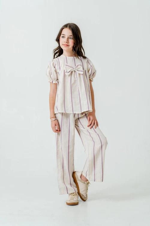 Kurdelalı Çizgili Kız Çocuk Takım 3837