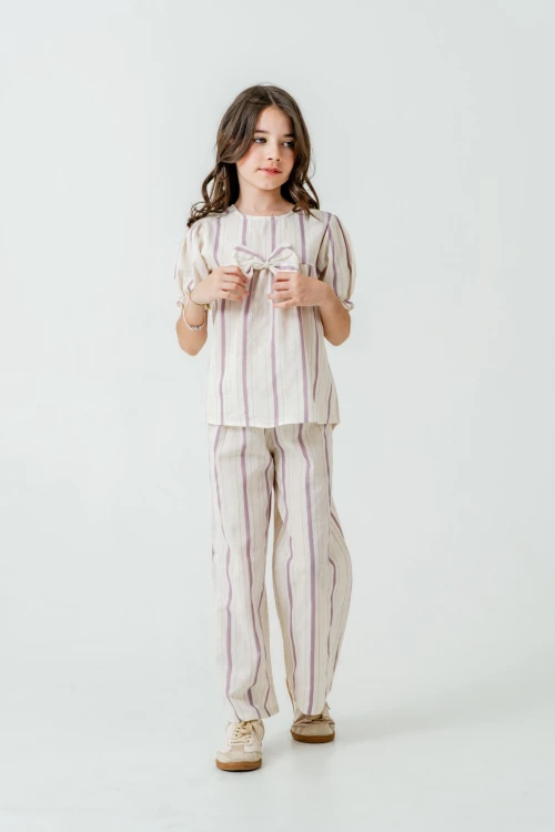 Kurdelalı Çizgili Kız Çocuk Takım 3837