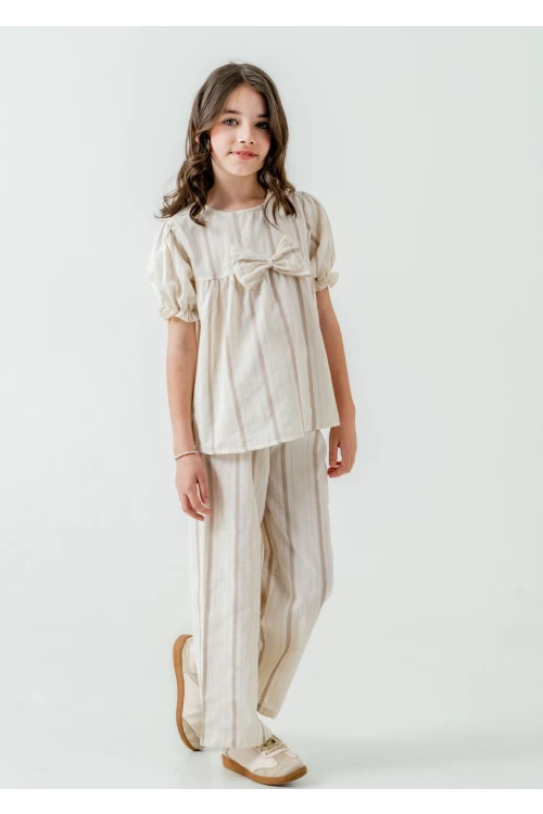 Kurdelalı Çizgili Kız Çocuk Takım 3837